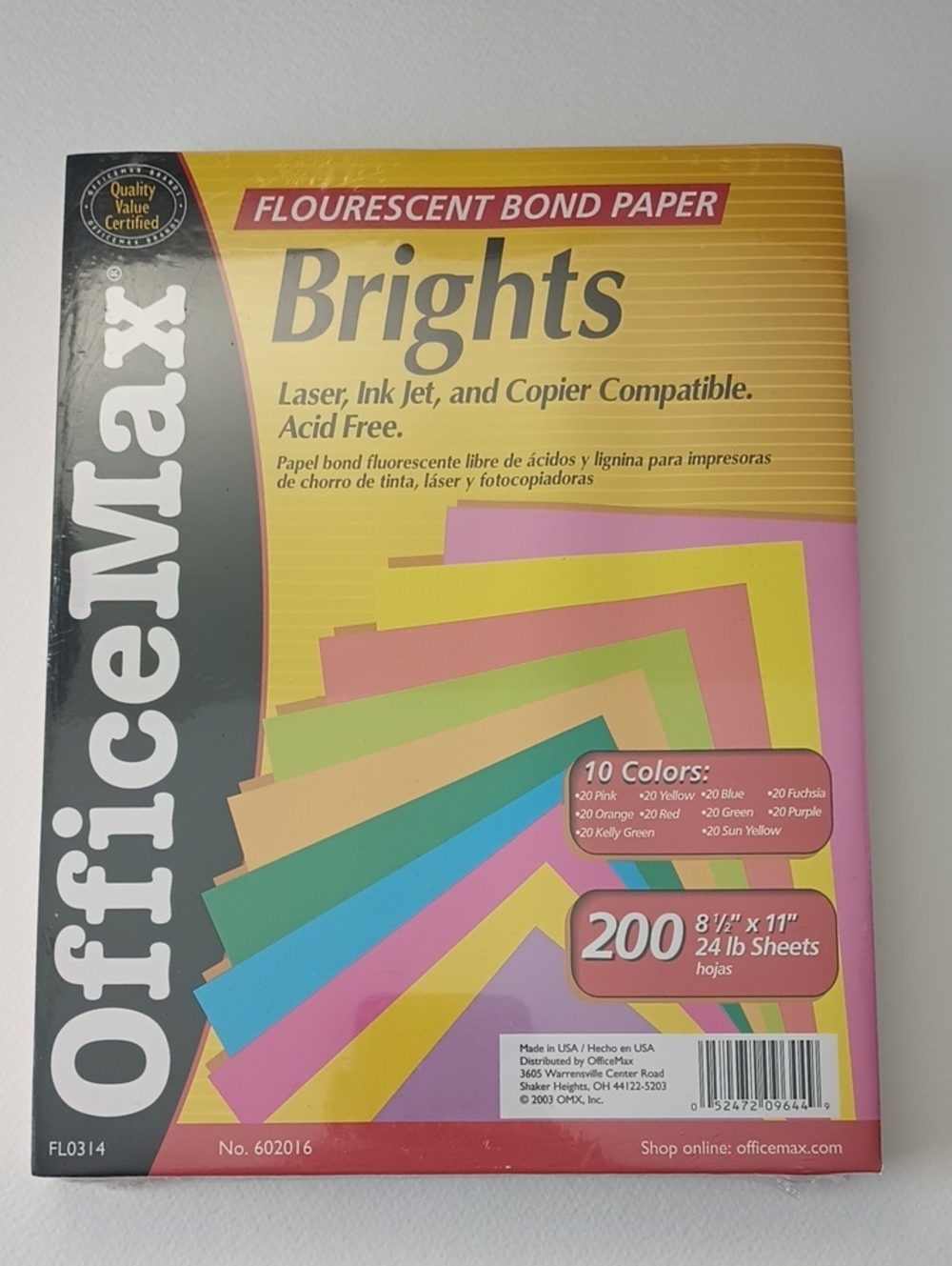 Office Max 24lb Brights Printer Paper 8.5"x11" 200 Sheets 052472096449 #602016
